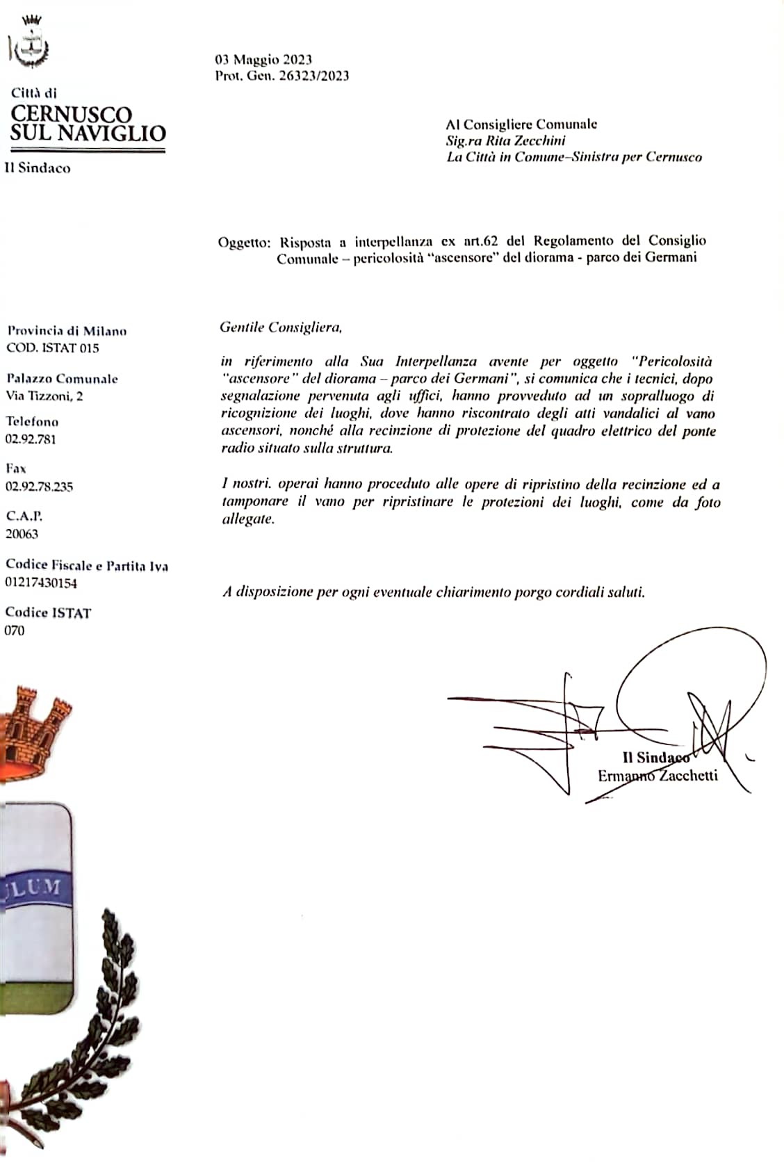 20230503 Risposta Sindaco Interpellanza Diorama